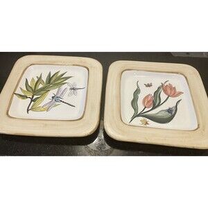 Fratelli Mari Deruta Italian Italy Floral Dragonfly Signed Platters Plates (2)